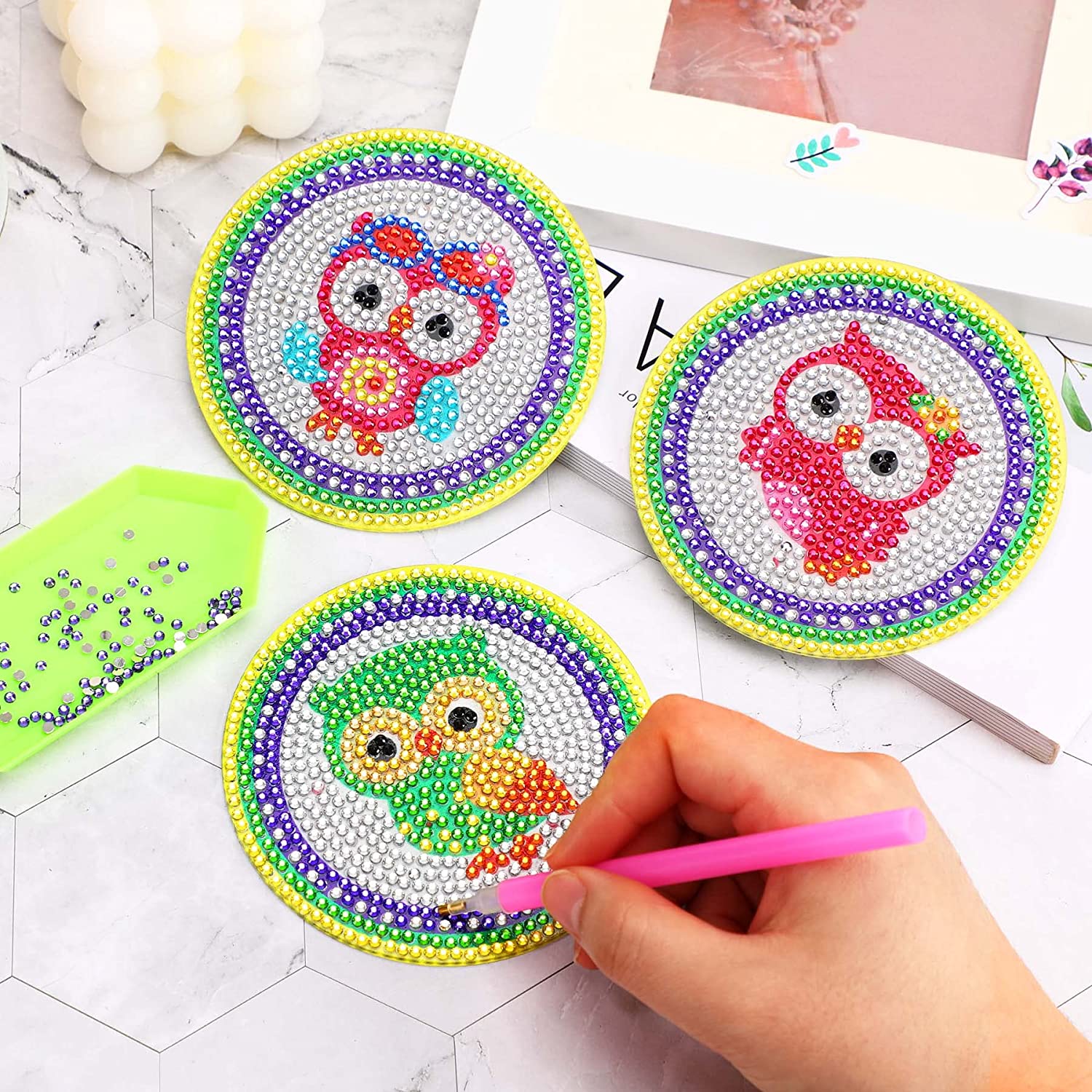 8 Pack Diamond Painting Coasters with Dimensional Transparent Stand, Trivets for Hot Pots,DIY Owl Coaster Diamond Art Kits Non-Slip Coaster for